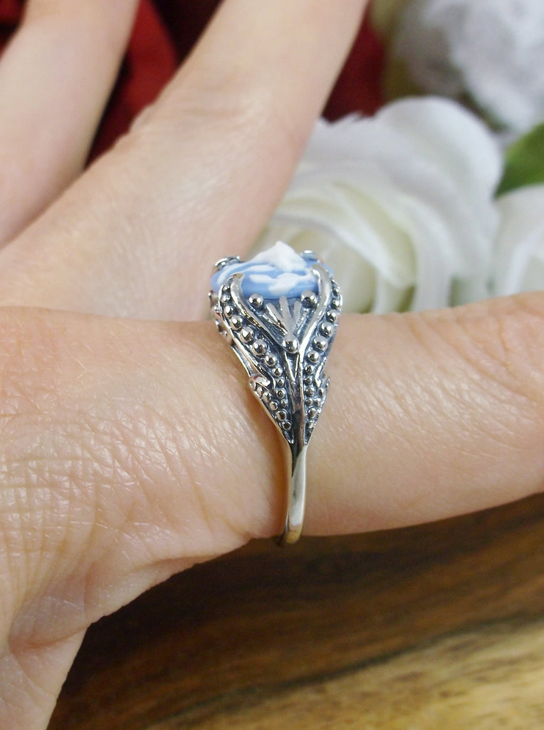 Blue & White Orchid Floral Cameo Ring, Sterling Silver Filigree, Gothic small oval design Gothic Jewelry, Victorian Jewelry, Silver Embrace Jewelry, D85