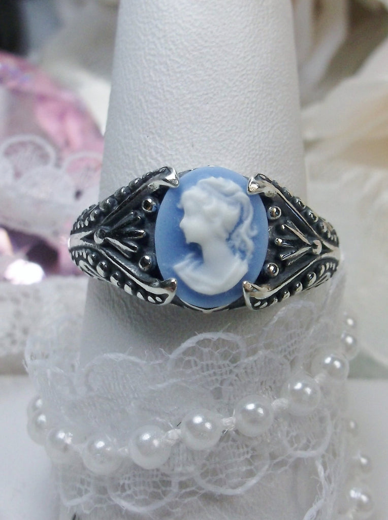 Blue & White Lady Portrait Cameo Ring, Sterling Silver Filigree, Gothic small oval design Gothic Jewelry, Victorian Jewelry, Silver Embrace Jewelry, D85