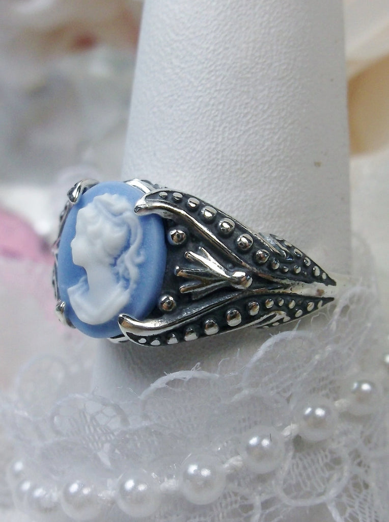 Blue & White Lady Portrait Cameo Ring, Sterling Silver Filigree, Gothic small oval design Gothic Jewelry, Victorian Jewelry, Silver Embrace Jewelry, D85