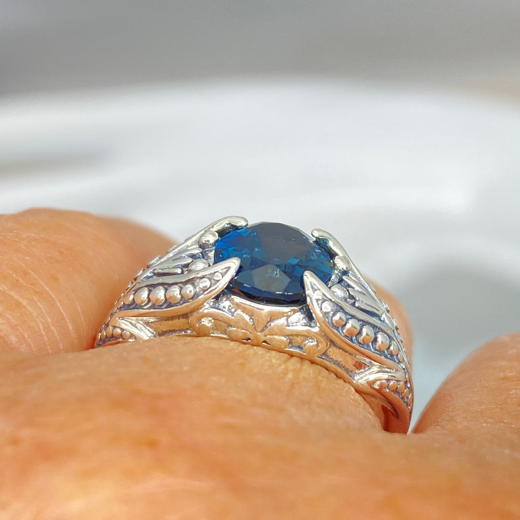 Natural London Blue topaz Ring, small Oval Gothic Design with Sterling Silver Filigree, D85, Silver Embrace Jewelry