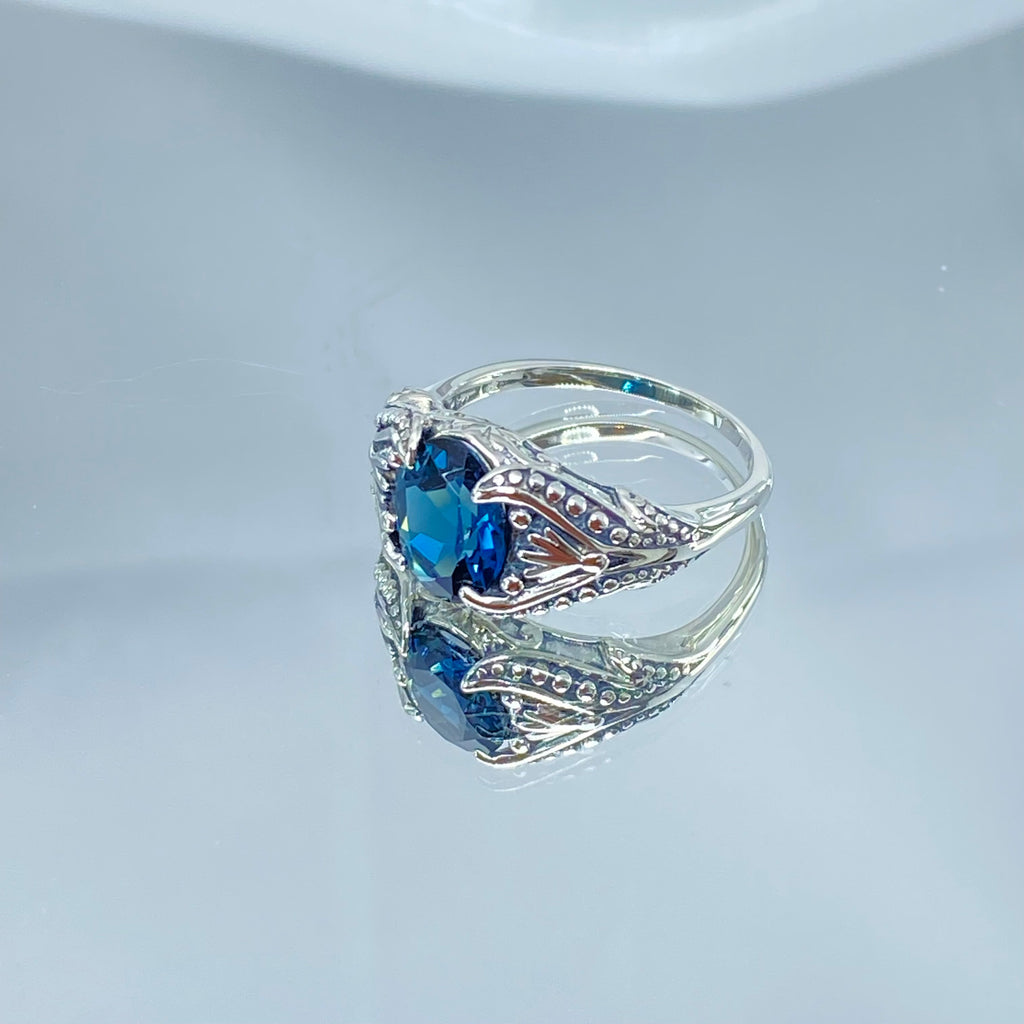 Natural London Blue topaz Ring, small Oval Gothic Design with Sterling Silver Filigree, D85, Silver Embrace Jewelry