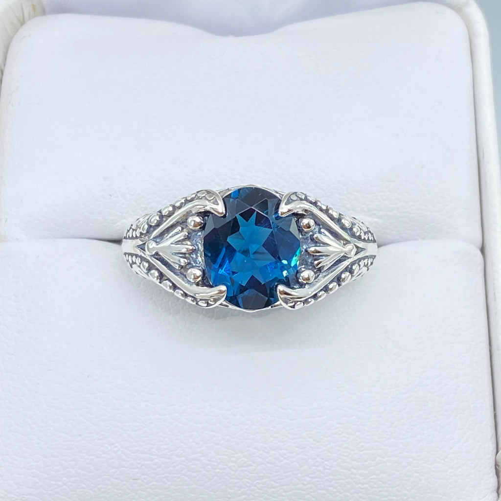 Natural London Blue topaz Ring, small Oval Gothic Design with Sterling Silver Filigree, D85, Silver Embrace Jewelry