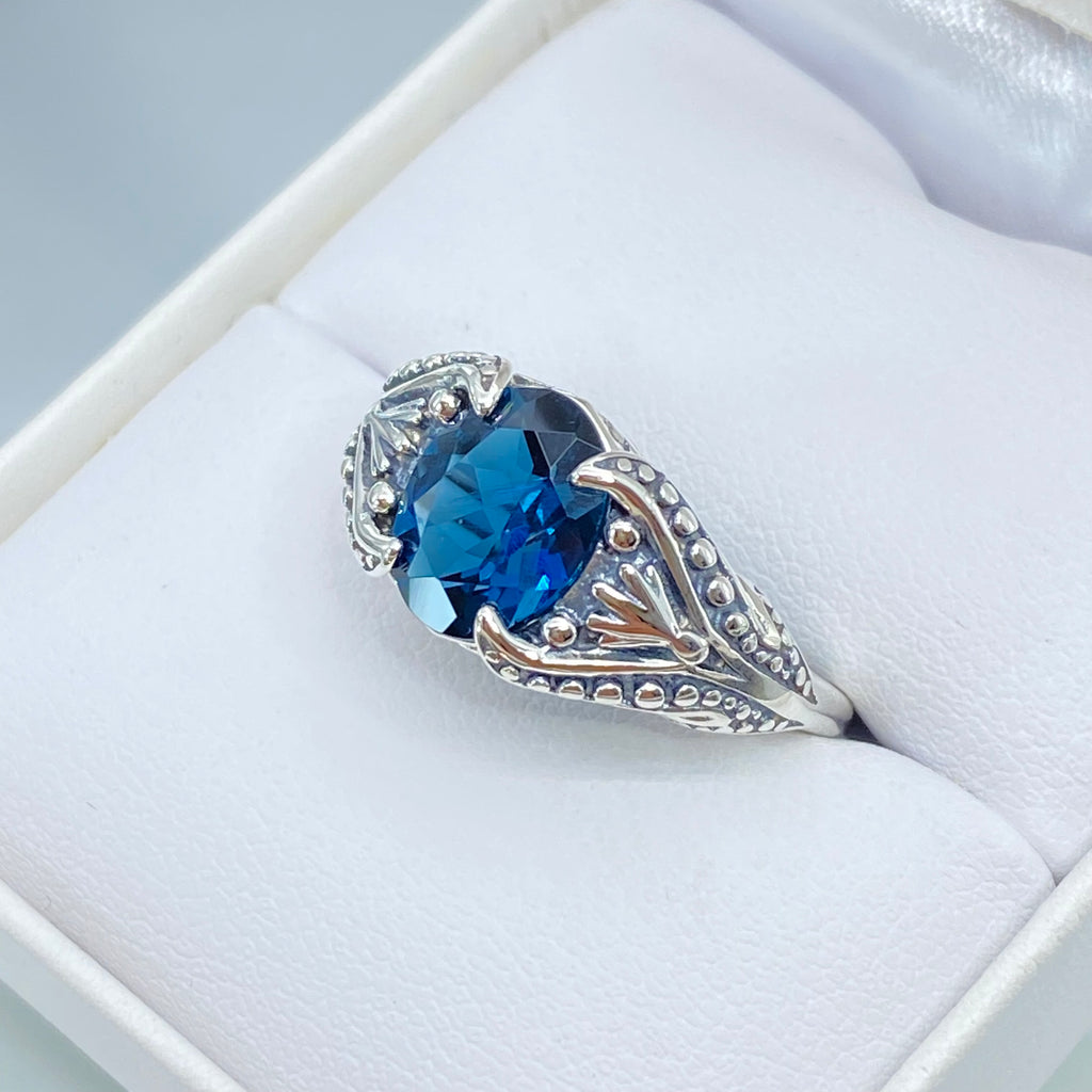 Natural London Blue topaz Ring, small Oval Gothic Design with Sterling Silver Filigree, D85, Silver Embrace Jewelry