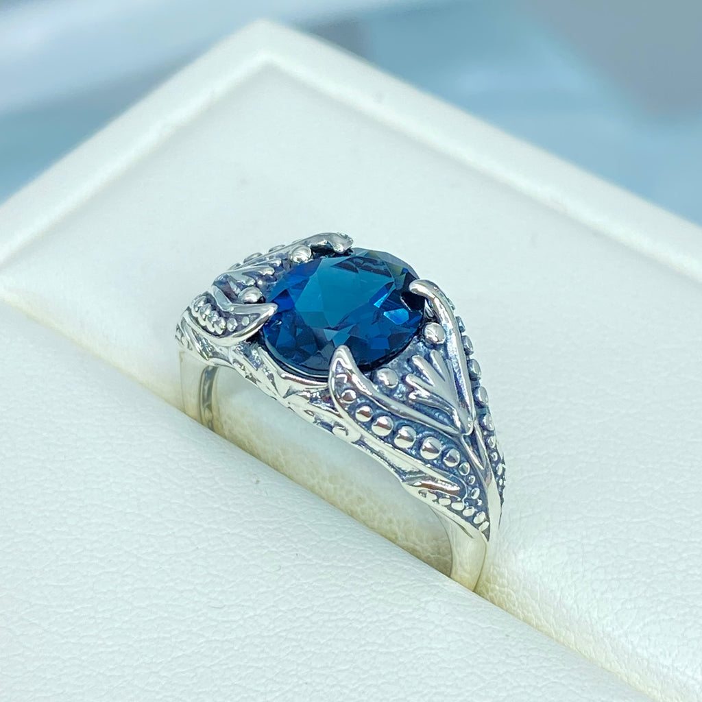 Natural London Blue topaz Ring, small Oval Gothic Design with Sterling Silver Filigree, D85, Silver Embrace Jewelry