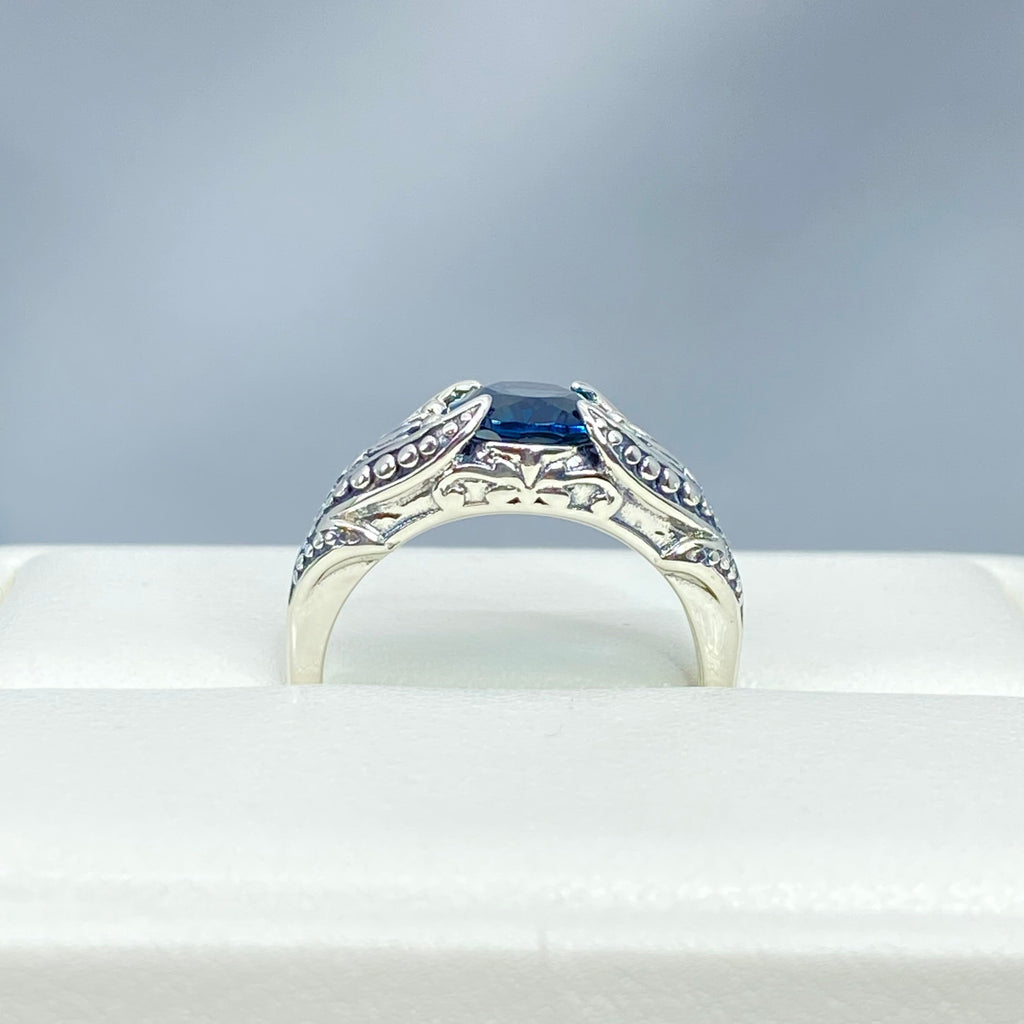 Natural London Blue topaz Ring, small Oval Gothic Design with Sterling Silver Filigree, D85, Silver Embrace Jewelry