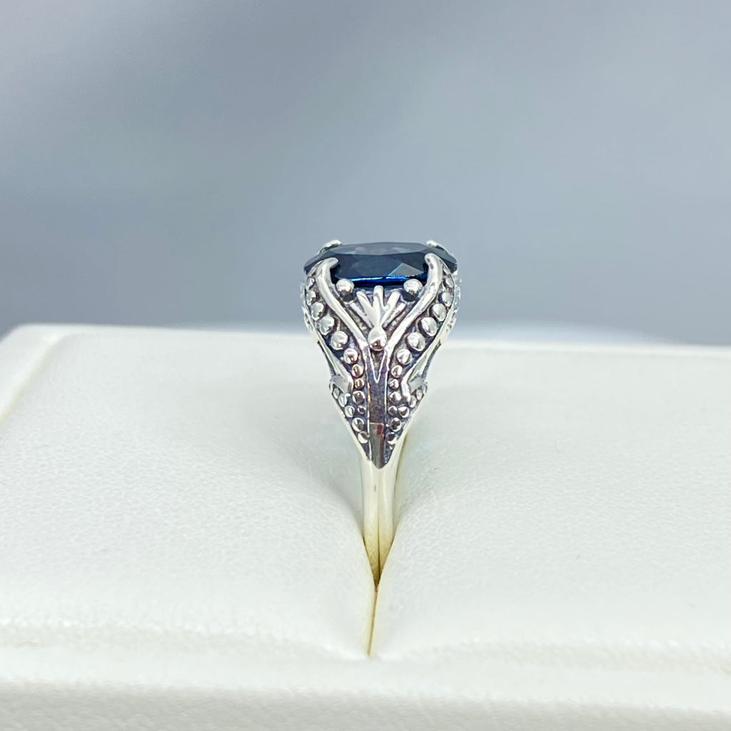 Natural London Blue topaz Ring, small Oval Gothic Design with Sterling Silver Filigree, D85, Silver Embrace Jewelry
