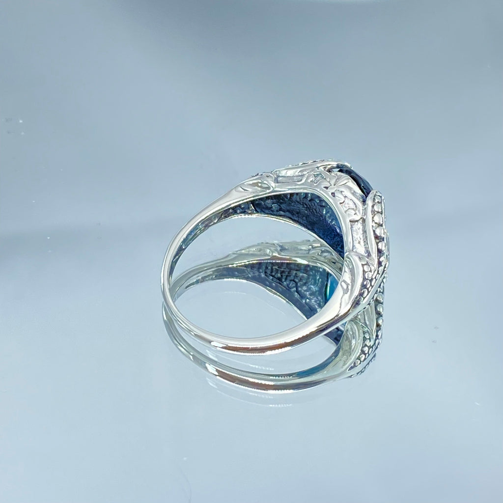 Natural London Blue topaz Ring, small Oval Gothic Design with Sterling Silver Filigree, D85, Silver Embrace Jewelry