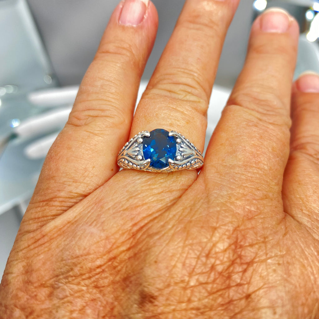Natural London Blue topaz Ring, small Oval Gothic Design with Sterling Silver Filigree, D85, Silver Embrace Jewelry