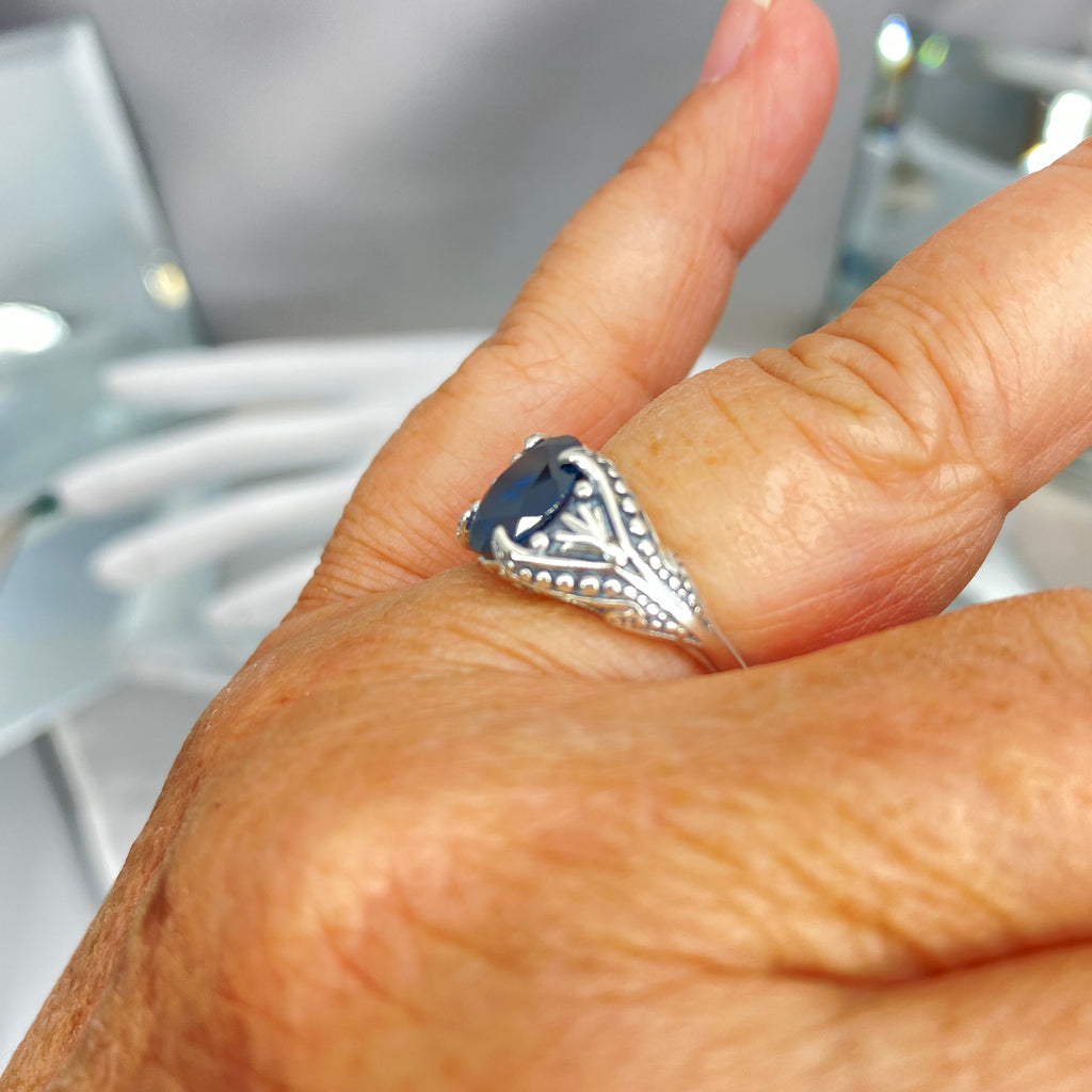 Natural London Blue topaz Ring, small Oval Gothic Design with Sterling Silver Filigree, D85, Silver Embrace Jewelry