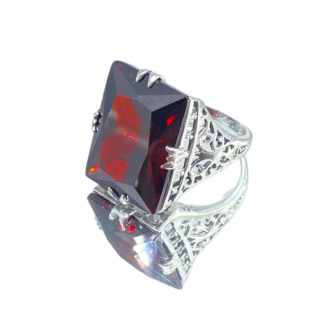Red Garnet Cubic Zirconia (CZ) Huge Rectangle Ring, Sterling Silver Filigree, Antique Style, Vintage Jewelry, Silver Embrace Jewelry Design D9 XR