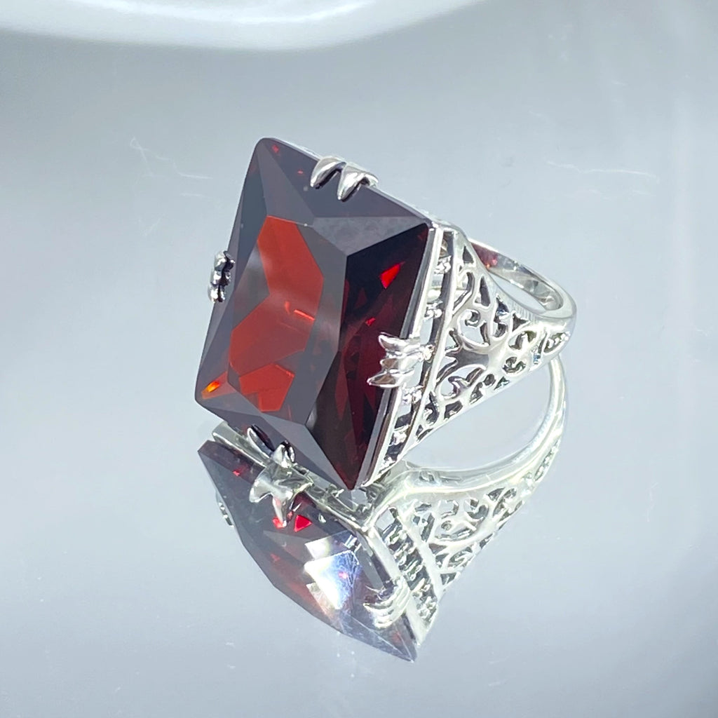 Red Garnet Cubic Zirconia (CZ) Huge Rectangle Ring, Sterling Silver Filigree, Antique Style, Vintage Jewelry, Silver Embrace Jewelry Design D9 XR