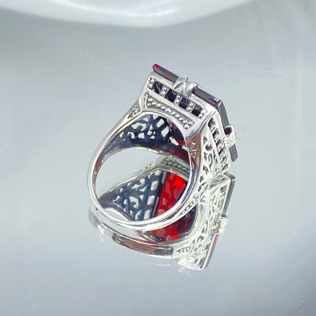 Red Garnet Cubic Zirconia (CZ) Huge Rectangle Ring, Sterling Silver Filigree, Antique Style, Vintage Jewelry, Silver Embrace Jewelry Design D9 XR