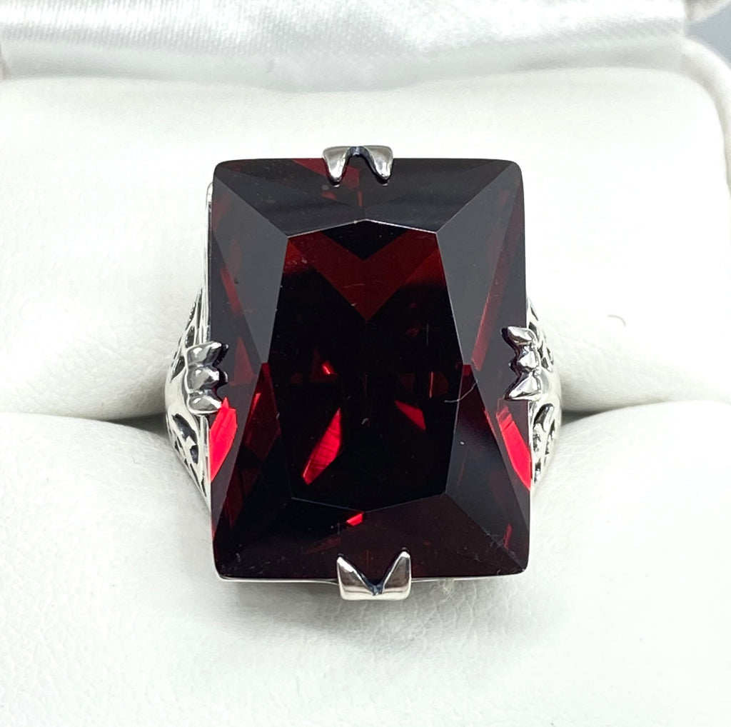 Red Garnet Cubic Zirconia (CZ) Huge Rectangle Ring, Sterling Silver Filigree, Antique Style, Vintage Jewelry, Silver Embrace Jewelry Design D9 XR