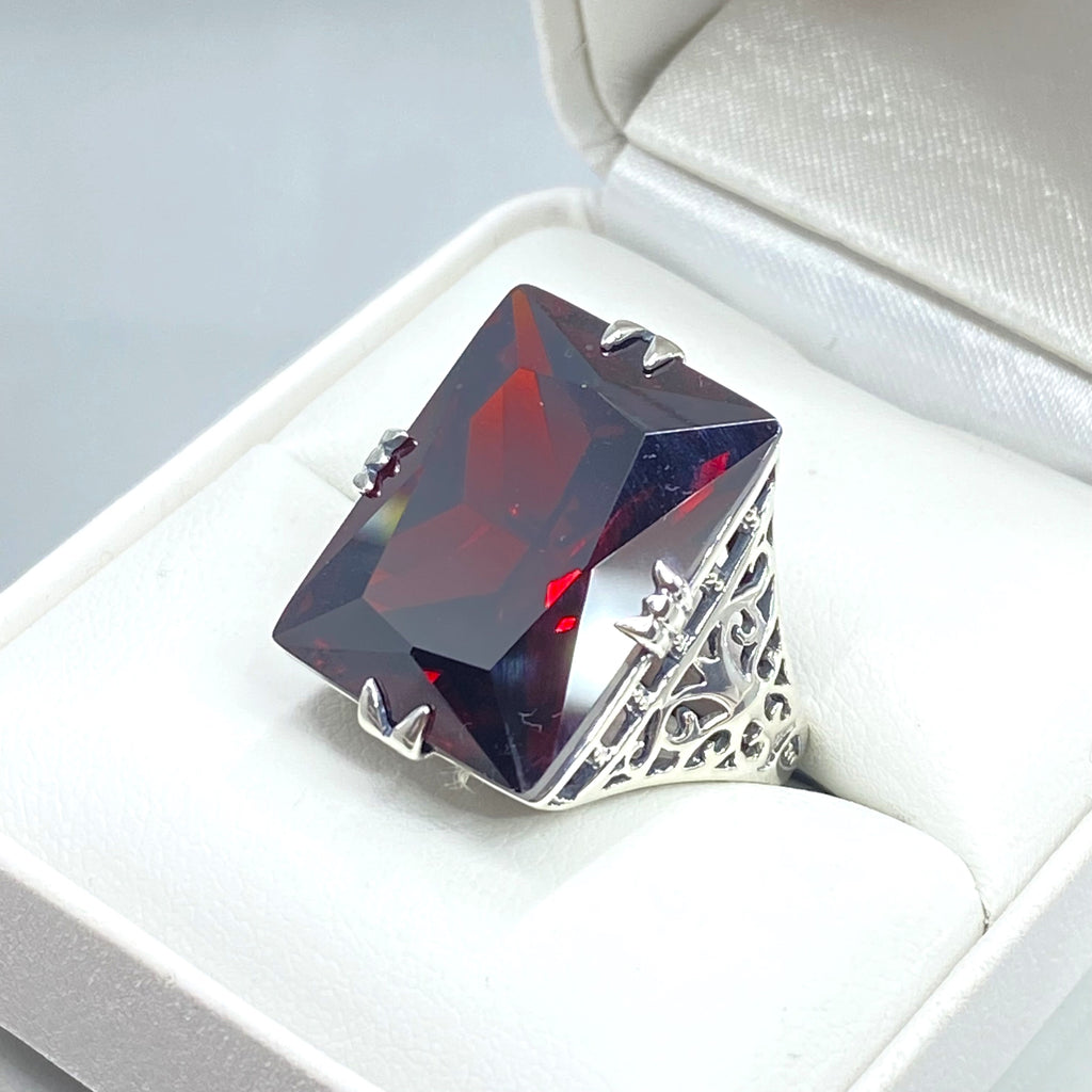 Red Garnet Cubic Zirconia (CZ) Huge Rectangle Ring, Sterling Silver Filigree, Antique Style, Vintage Jewelry, Silver Embrace Jewelry Design D9 XR
