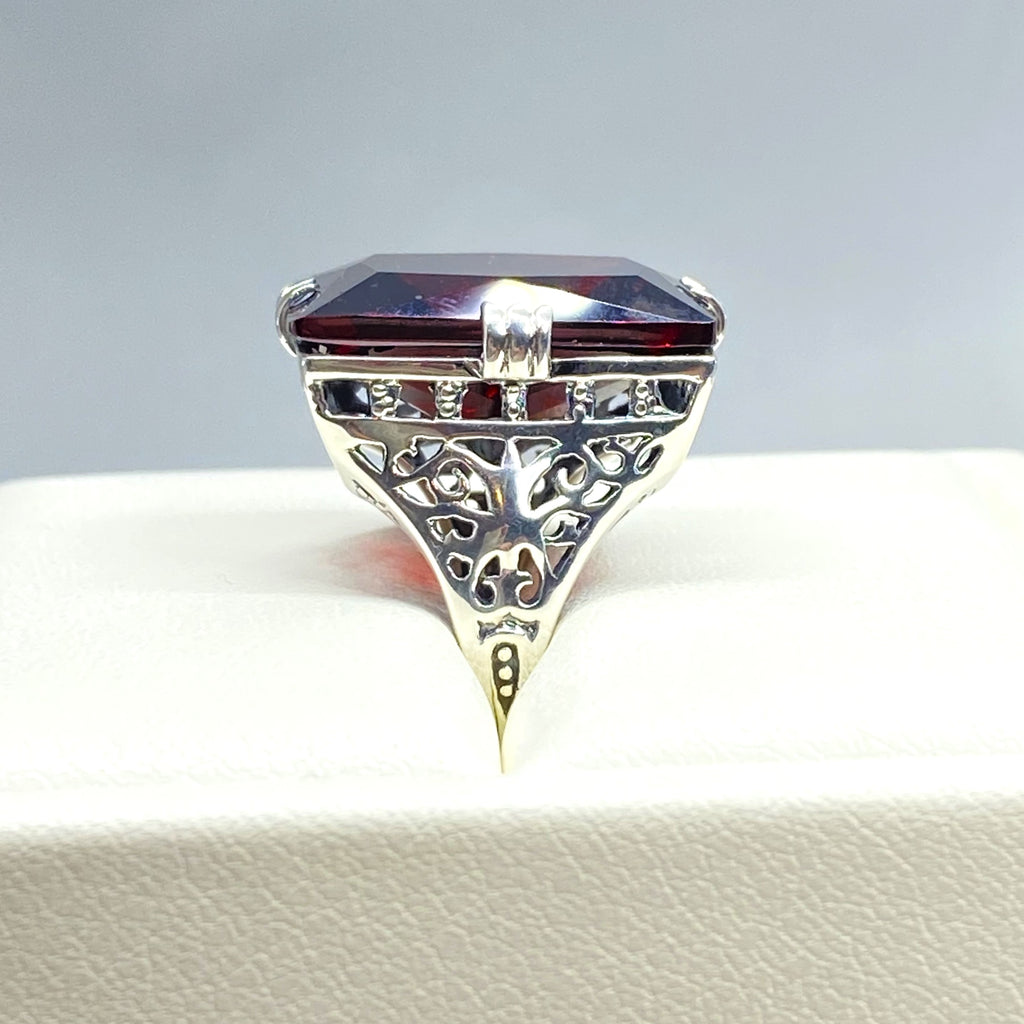 Red Garnet Cubic Zirconia (CZ) Huge Rectangle Ring, Sterling Silver Filigree, Antique Style, Vintage Jewelry, Silver Embrace Jewelry Design D9 XR