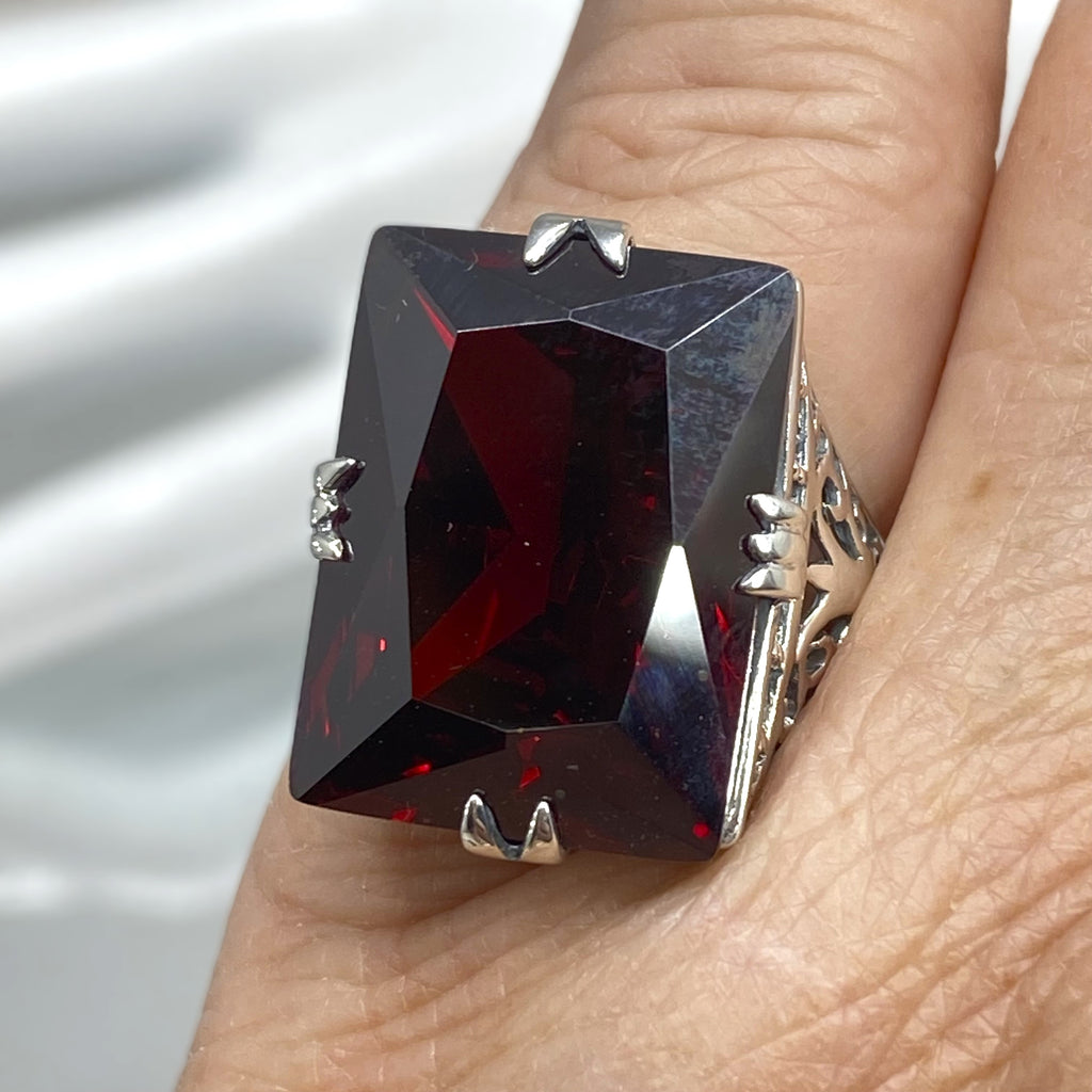 Red Garnet Cubic Zirconia (CZ) Huge Rectangle Ring, Sterling Silver Filigree, Antique Style, Vintage Jewelry, Silver Embrace Jewelry Design D9 XR