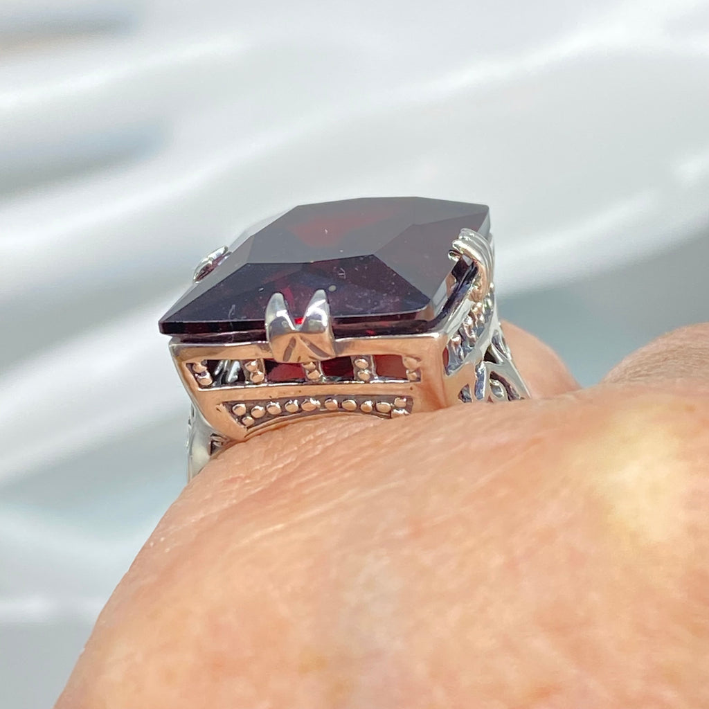 Red Garnet Cubic Zirconia (CZ) Huge Rectangle Ring, Sterling Silver Filigree, Antique Style, Vintage Jewelry, Silver Embrace Jewelry Design D9 XR