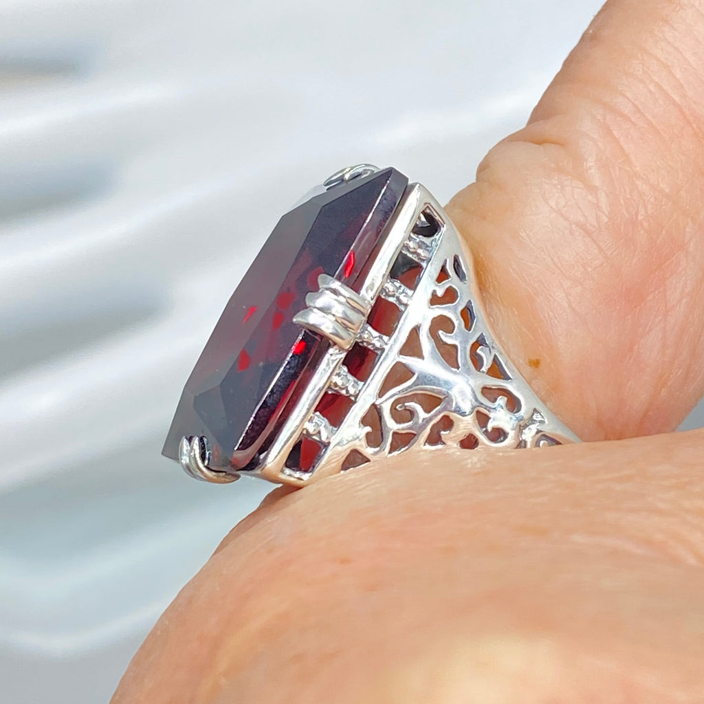 Red Garnet Cubic Zirconia (CZ) Huge Rectangle Ring, Sterling Silver Filigree, Antique Style, Vintage Jewelry, Silver Embrace Jewelry Design D9 XR