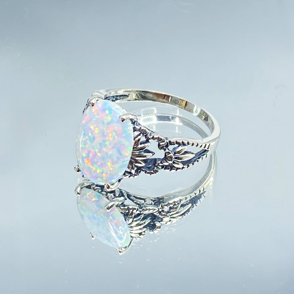 Opal Ring, Ace Sterling Silver Filigree Ring, Oval Gemstone, Rainbow Opal Ring, D92, Silver Embrace Jewelry