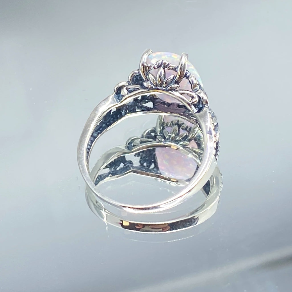 Opal Ring, Ace Sterling Silver Filigree Ring, Oval Gemstone, Rainbow Opal Ring, D92, Silver Embrace Jewelry