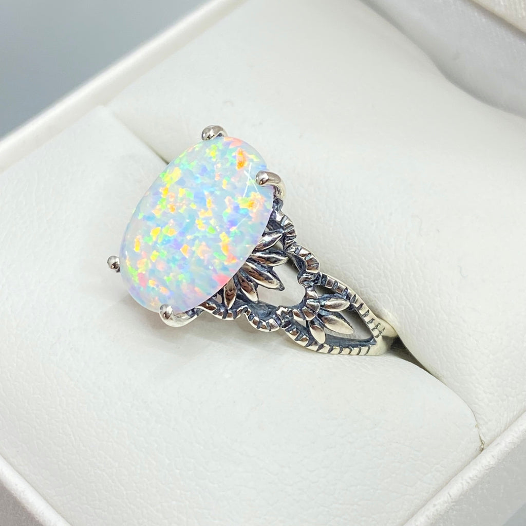 Opal Ring, Ace Sterling Silver Filigree Ring, Oval Gemstone, Rainbow Opal Ring, D92, Silver Embrace Jewelry