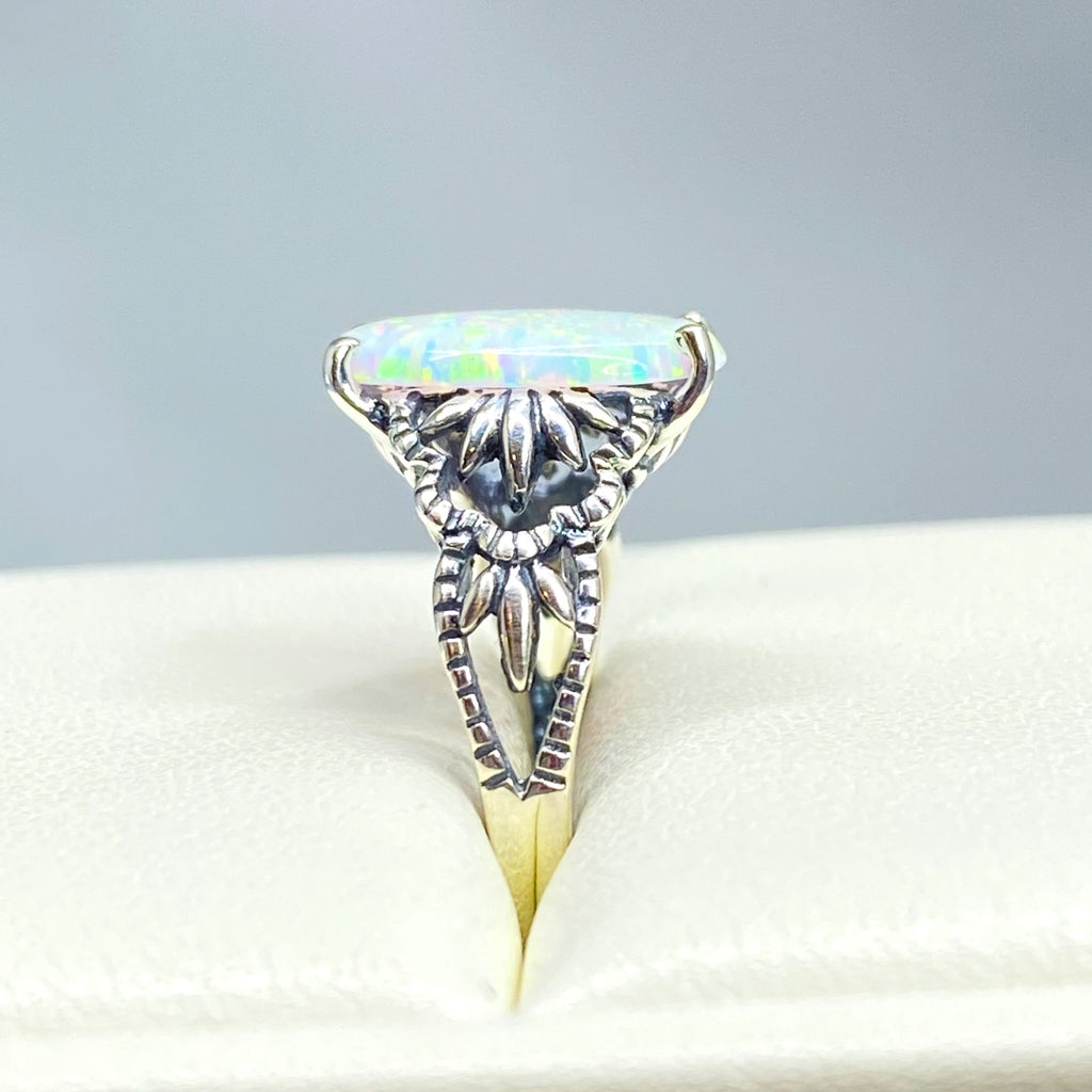 Opal Ring, Ace Sterling Silver Filigree Ring, Oval Gemstone, Rainbow Opal Ring, D92, Silver Embrace Jewelry