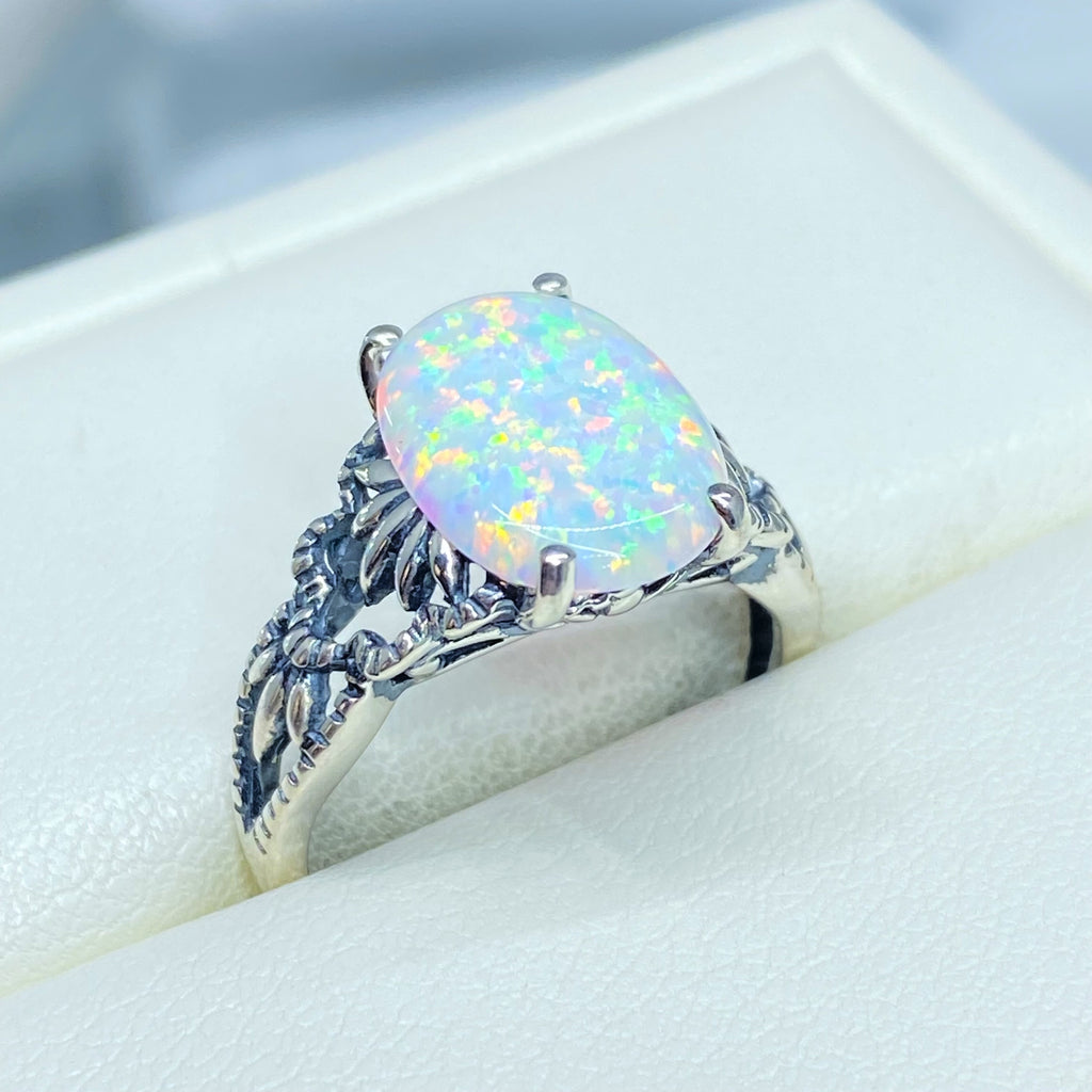 Opal Ring, Ace Sterling Silver Filigree Ring, Oval Gemstone, Rainbow Opal Ring, D92, Silver Embrace Jewelry