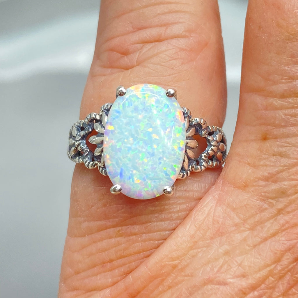 Opal Ring, Ace Sterling Silver Filigree Ring, Oval Gemstone, Rainbow Opal Ring, D92, Silver Embrace Jewelry