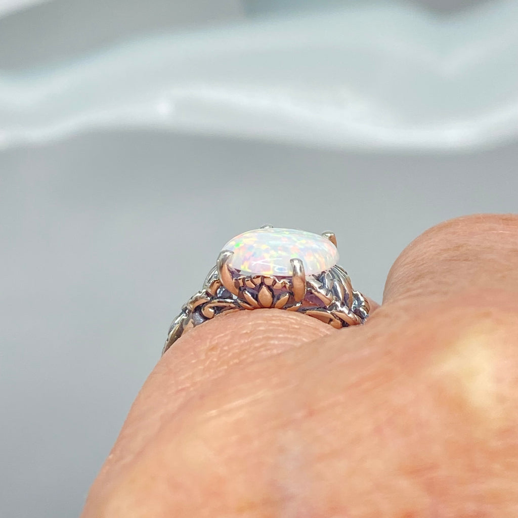 Opal Ring, Ace Sterling Silver Filigree Ring, Oval Gemstone, Rainbow Opal Ring, D92, Silver Embrace Jewelry