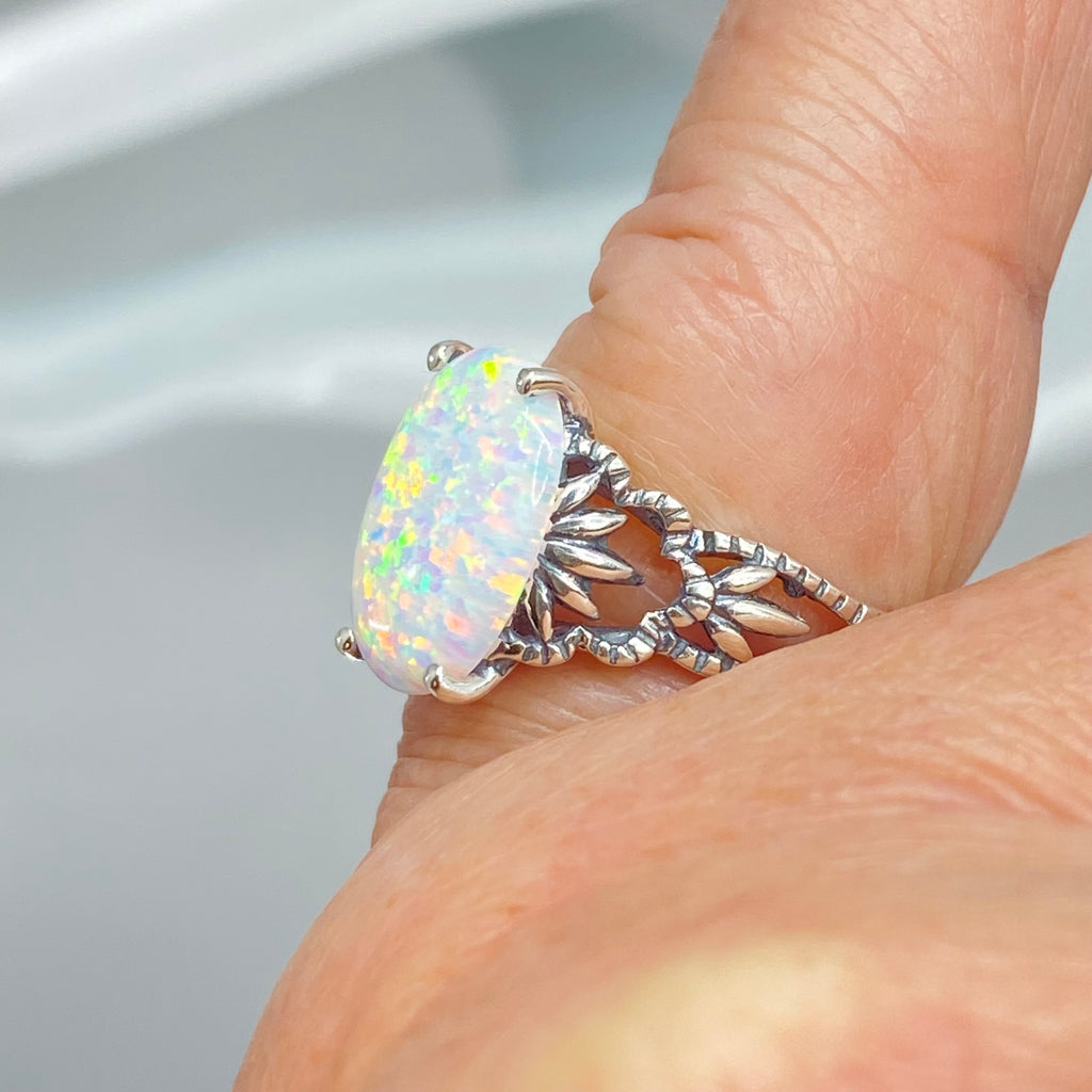 Opal Ring, Ace Sterling Silver Filigree Ring, Oval Gemstone, Rainbow Opal Ring, D92, Silver Embrace Jewelry