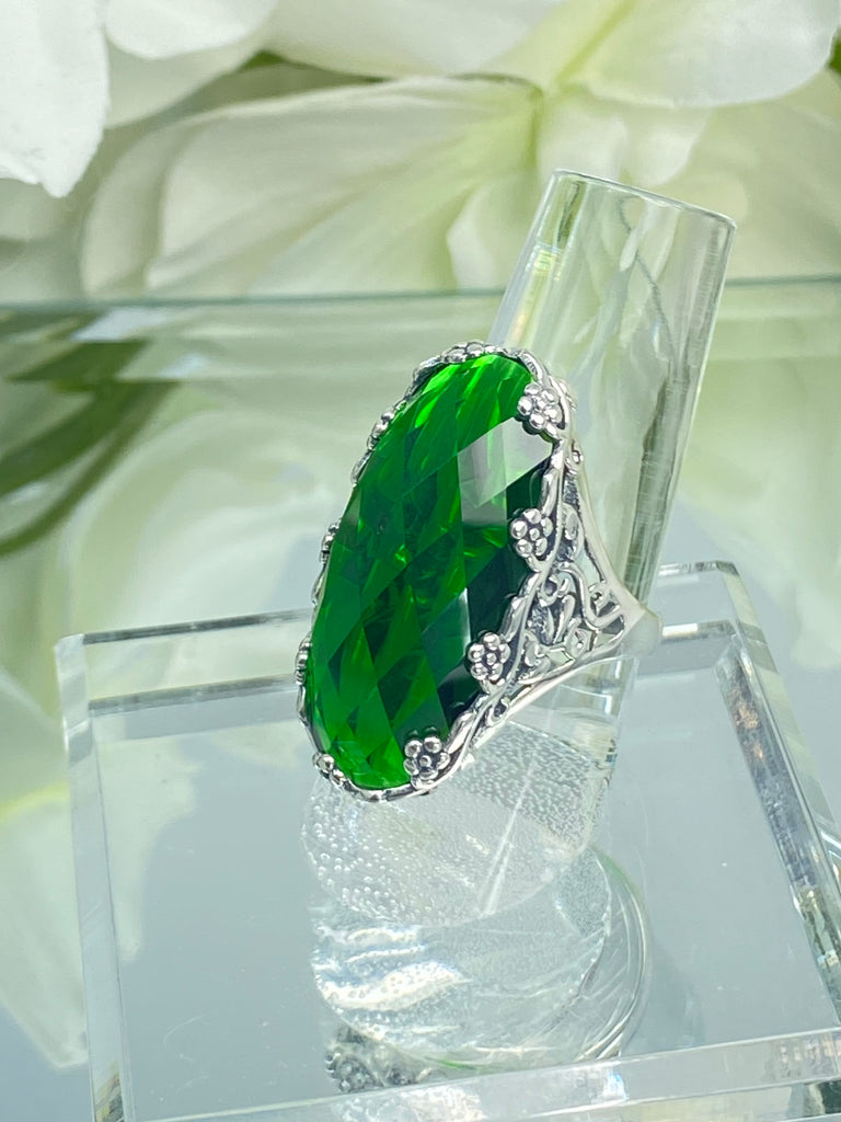 Large Emerald Ring, Green Oval Gem, Art Deco Jewelry, Rosey, Sterling Silver Jewelry, Floral Filigree, Silver Embrace Jewelry D97