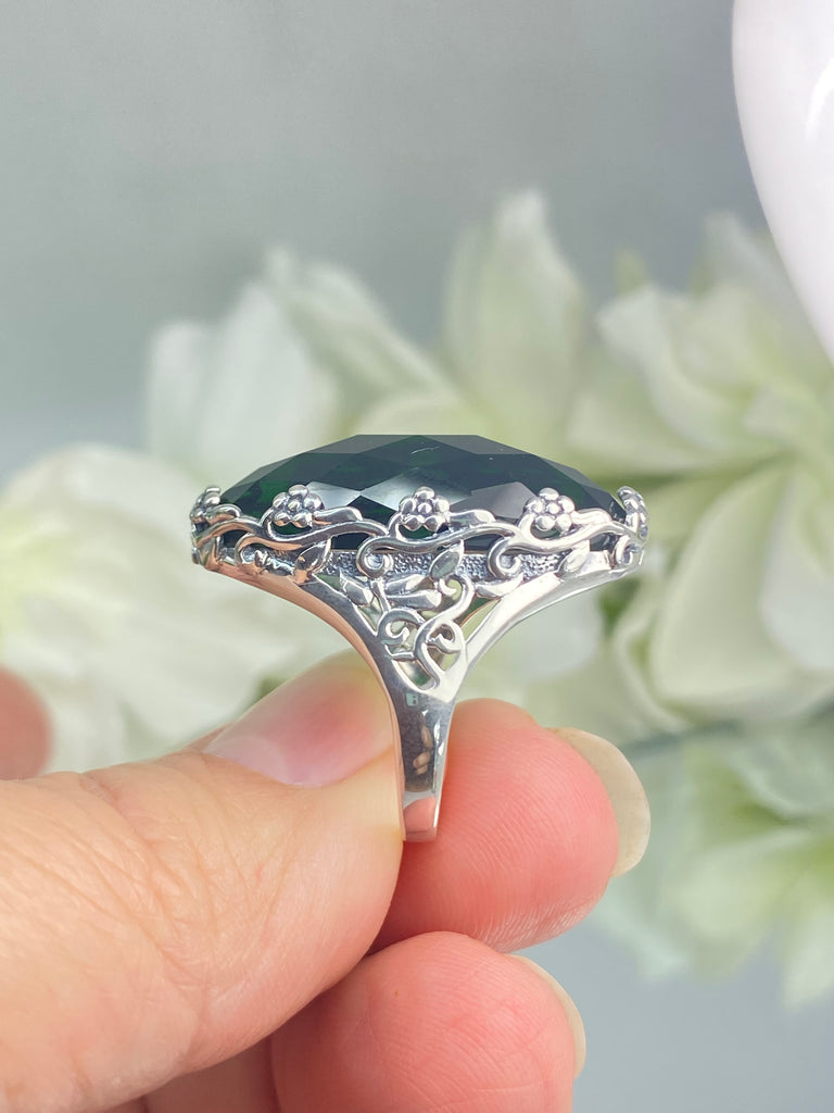 Large Emerald Ring, Green Oval Gem, Art Deco Jewelry, Rosey, Sterling Silver Jewelry, Floral Filigree, Silver Embrace Jewelry D97