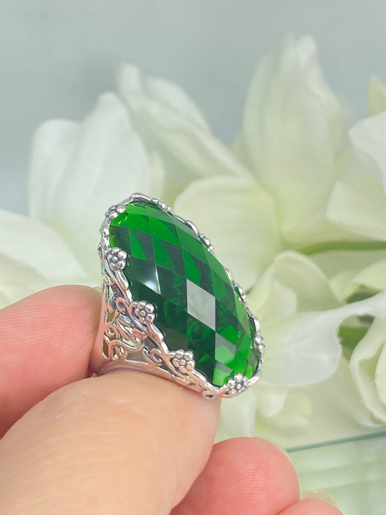 Large Emerald Ring, Green Oval Gem, Art Deco Jewelry, Rosey, Sterling Silver Jewelry, Floral Filigree, Silver Embrace Jewelry D97