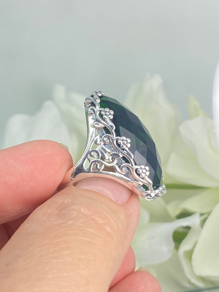 Large Emerald Ring, Green Oval Gem, Art Deco Jewelry, Rosey, Sterling Silver Jewelry, Floral Filigree, Silver Embrace Jewelry D97