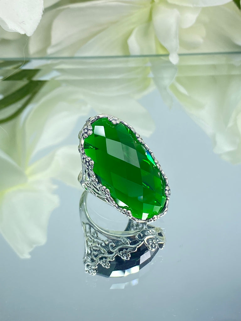 Large Emerald Ring, Green Oval Gem, Art Deco Jewelry, Rosey, Sterling Silver Jewelry, Floral Filigree, Silver Embrace Jewelry D97