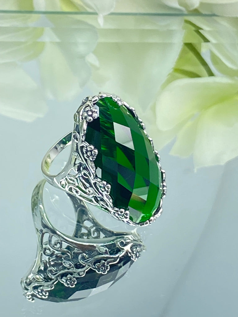 Large Emerald Ring, Green Oval Gem, Art Deco Jewelry, Rosey, Sterling Silver Jewelry, Floral Filigree, Silver Embrace Jewelry D97