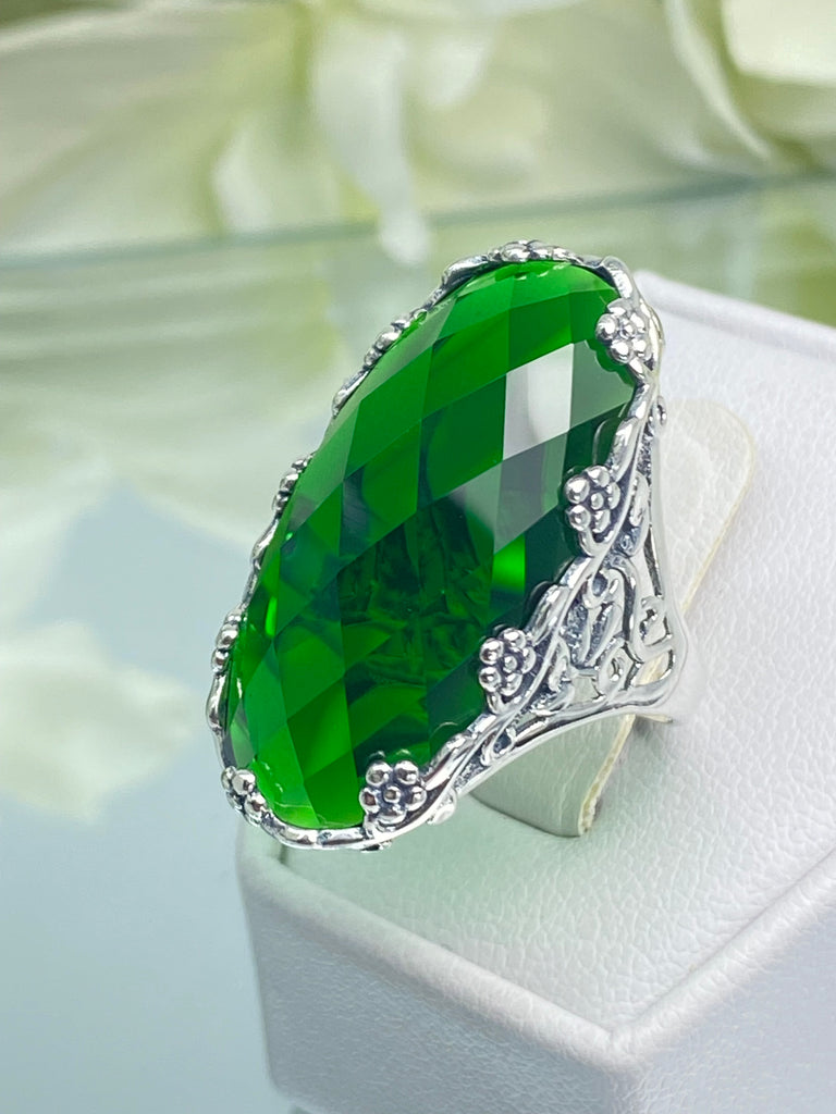 Large Emerald Ring, Green Oval Gem, Art Deco Jewelry, Rosey, Sterling Silver Jewelry, Floral Filigree, Silver Embrace Jewelry D97