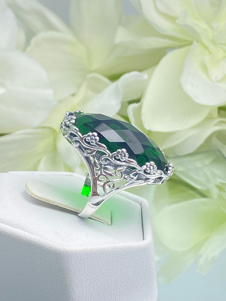 Large Emerald Ring, Green Oval Gem, Art Deco Jewelry, Rosey, Sterling Silver Jewelry, Floral Filigree, Silver Embrace Jewelry D97