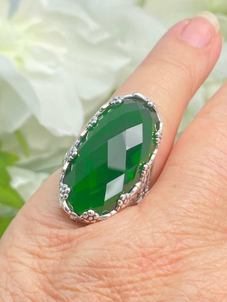 Large Emerald Ring, Green Oval Gem, Art Deco Jewelry, Rosey, Sterling Silver Jewelry, Floral Filigree, Silver Embrace Jewelry D97