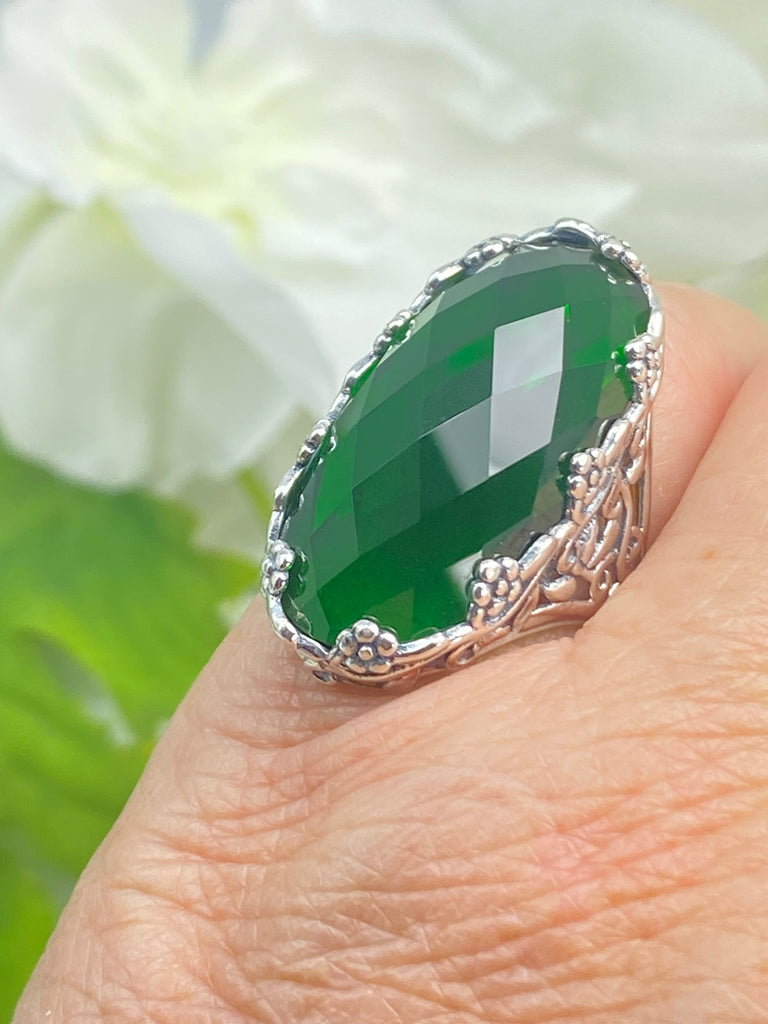 Large Emerald Ring, Green Oval Gem, Art Deco Jewelry, Rosey, Sterling Silver Jewelry, Floral Filigree, Silver Embrace Jewelry D97