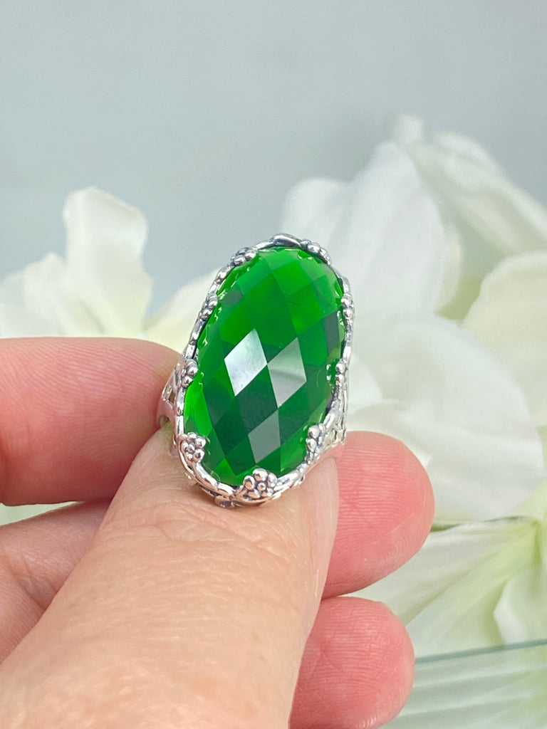 Large Emerald Ring, Green Oval Gem, Art Deco Jewelry, Rosey, Sterling Silver Jewelry, Floral Filigree, Silver Embrace Jewelry D97