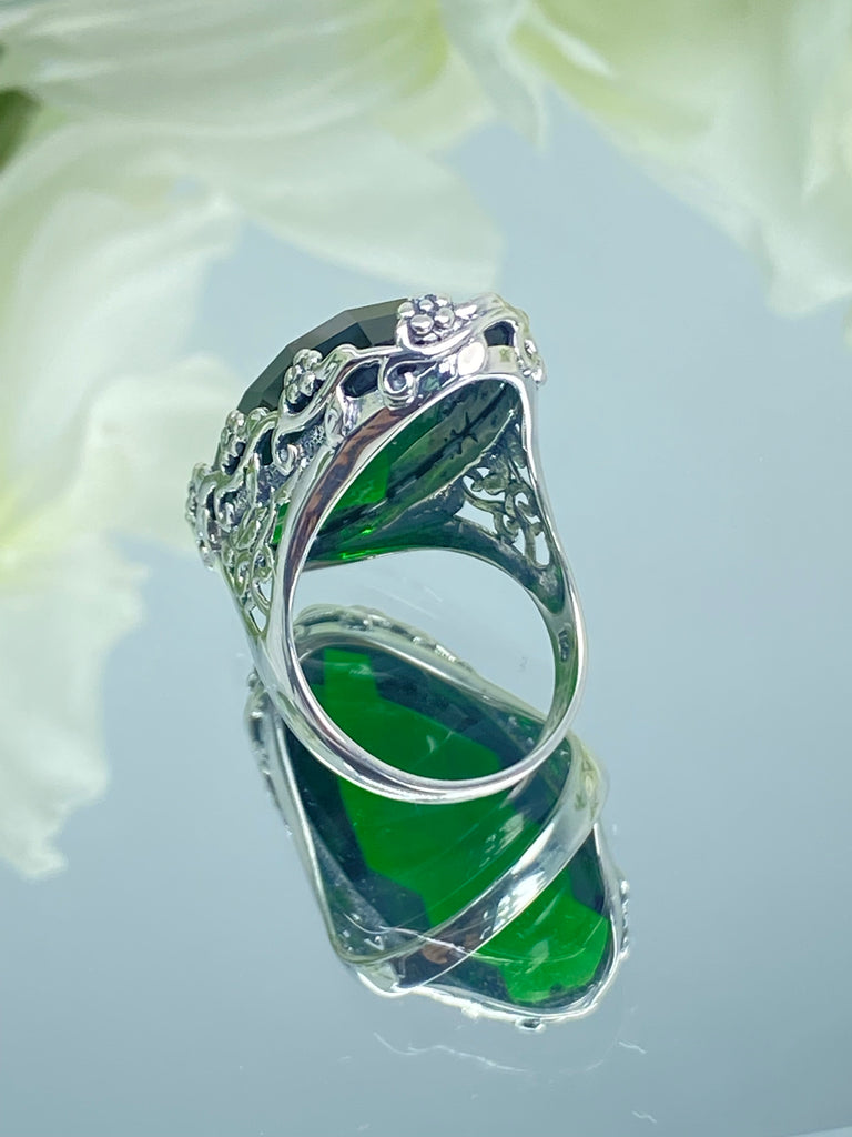 Large Emerald Ring, Green Oval Gem, Art Deco Jewelry, Rosey, Sterling Silver Jewelry, Floral Filigree, Silver Embrace Jewelry D97