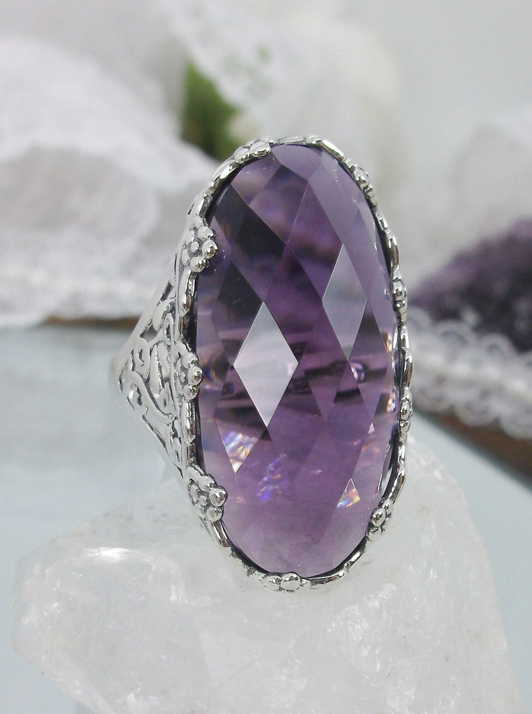 Purple Amethyst Ring, Victorian Filigree Jewelry, Sterling Silver, Silver Embrace Jewelry, Rosey D97