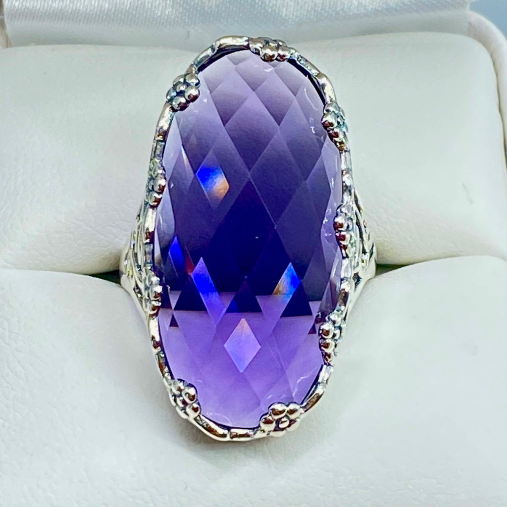 Purple Amethyst Ring, Victorian Filigree Jewelry, Sterling Silver, Silver Embrace Jewelry, Rosey D97