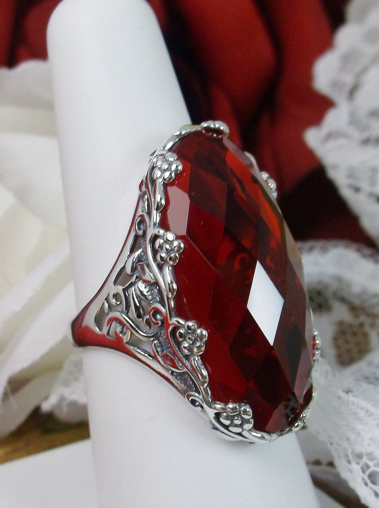 Red Ruby Ring, Victorian Filigree Jewelry, Sterling Silver, Silver Embrace Jewelry, Rosey D97