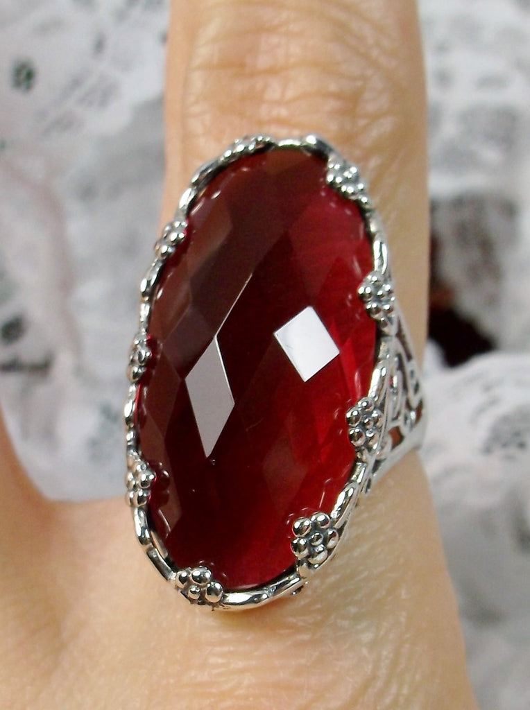 Red Ruby Ring, Victorian Filigree Jewelry, Sterling Silver, Silver Embrace Jewelry, Rosey D97