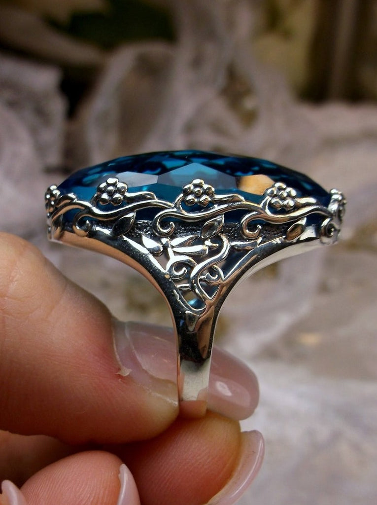 Swiss Blue Topaz Ring, Victorian Filigree Jewelry, Sterling Silver, Silver Embrace Jewelry, Rosey D97