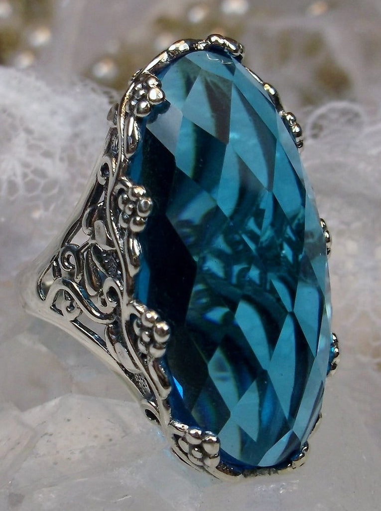 Swiss Blue Topaz Ring, Victorian Filigree Jewelry, Sterling Silver, Silver Embrace Jewelry, Rosey D97