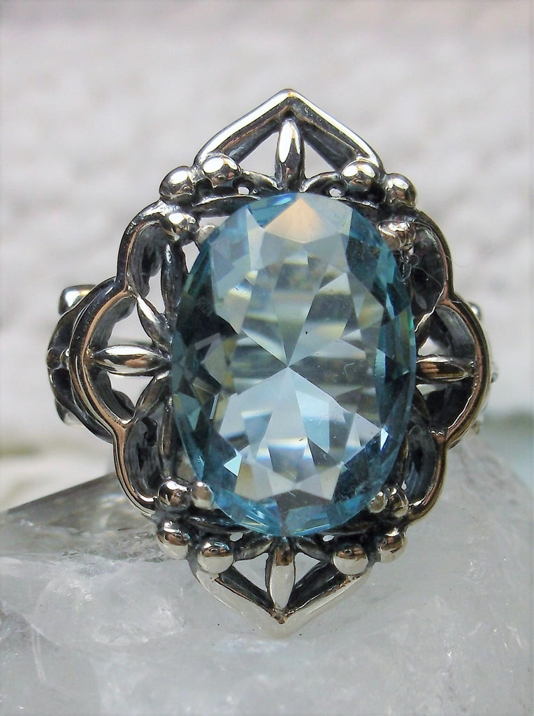 Sky Blue Aquamarine Ring, Oval Gemstone, Gothic style, vintage jewelry, sterling silver filigree, silver embrace jewelry, D98