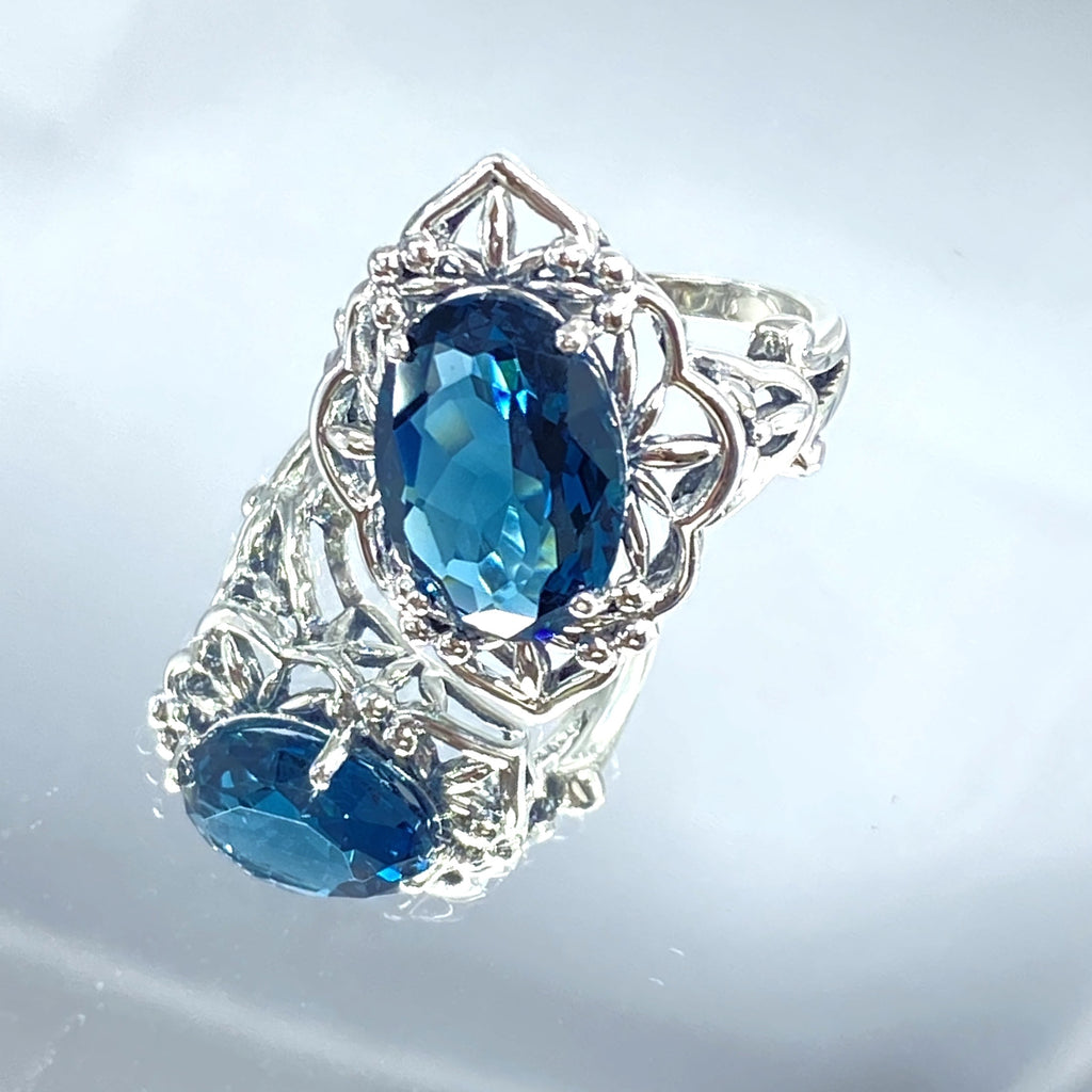 Deep London blue topaz Ring, Oval Gemstone, Gothic style, vintage jewelry, sterling silver filigree, silver embrace jewelry, D98